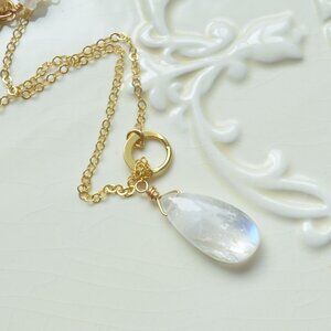 Moonstone Lariat Necklace in Gold - Handmade